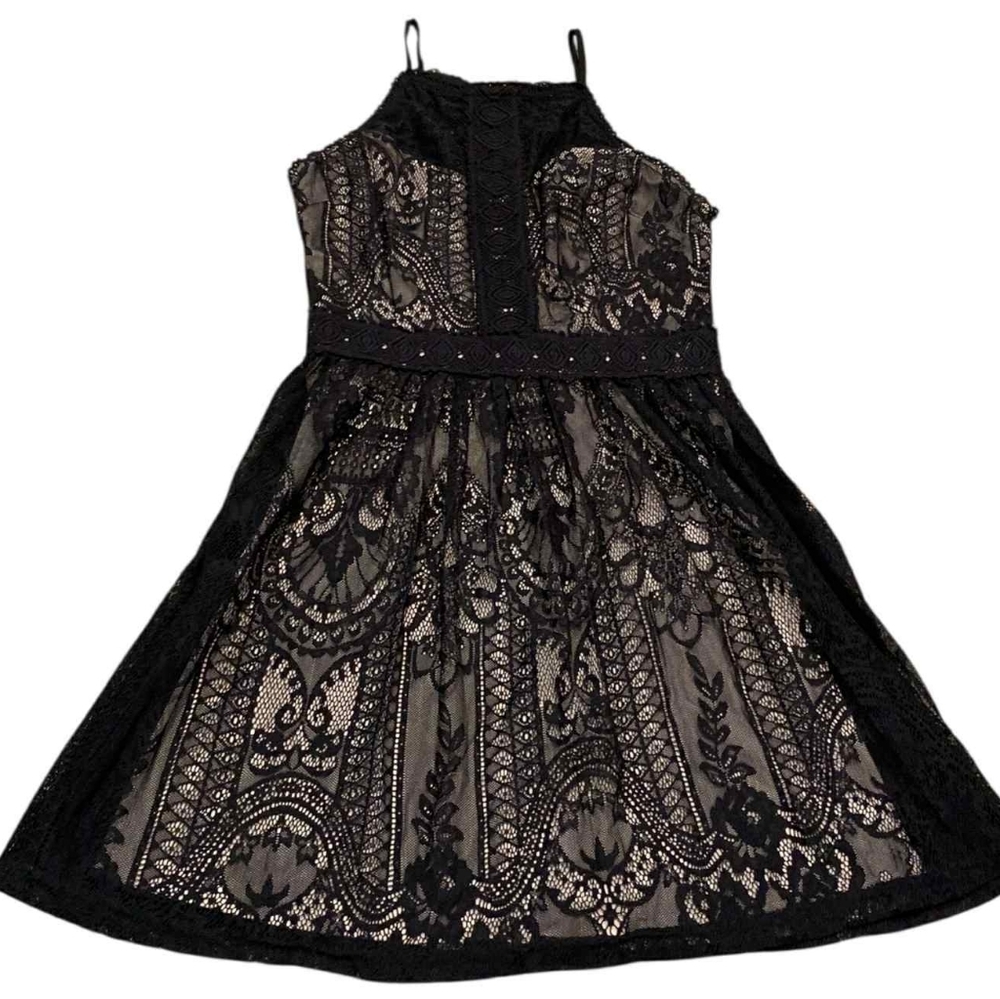Birdcage Francesca's Black Lace Mini Dress XS Halter Fit Flare Cutout Back Goth